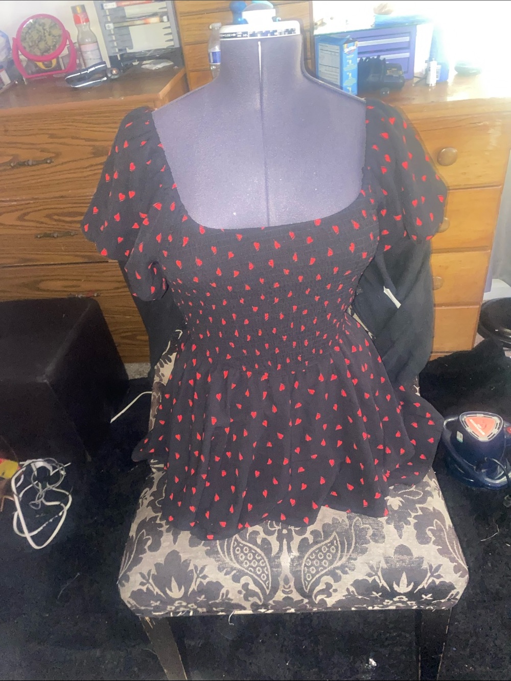 Inspired Hearts Black Smocked Square Neck dress with Red Heart Print